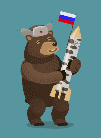 Happy bear holding rocket or nuclear missile in his paws. Russia, Moscow concept. Cartoon vector illustrationのイラスト素材