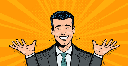 Happy businessman or student rejoices at success. Business concept cartoon in pop art retro comic style, vector illustration.のイラスト素材