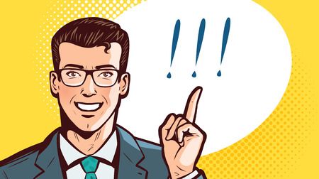 Colorful illustration of man in glasses pointing at three exclamation marks.のイラスト素材