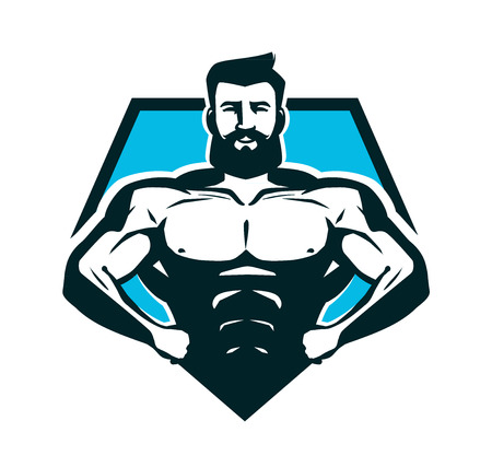 Gym, bodybuilding icon or label. Strong man with big muscles vector illustration.のイラスト素材