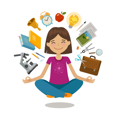 School, college concept. Funny student sitting in lotus pose. Vector illustrationのイラスト素材