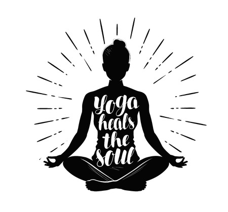 Yoga. Girl meditating in lotus pose. Typography design, vector illustrationのイラスト素材