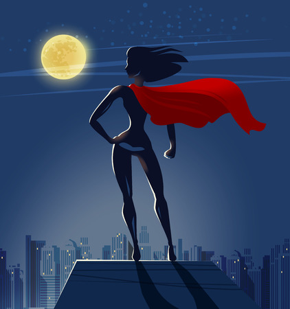 Super Girl, Superhero stands on roof of skyscraper and looks at night city. Cartoon vector illustrationのイラスト素材