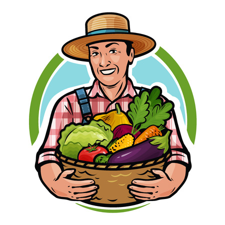 Happy farmer holding a basket full of fresh vegetables. Farm, agriculture, horticulture concept. Cartoon vector illustrationのイラスト素材