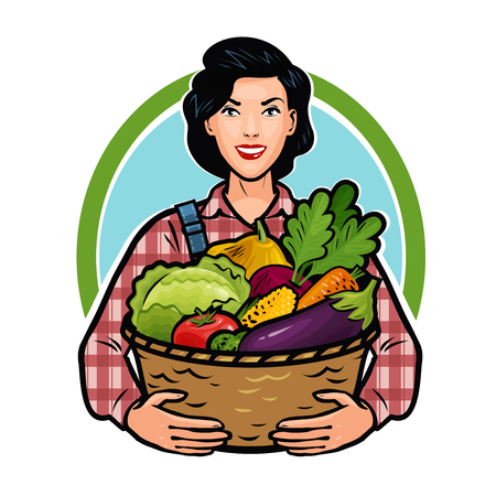 Girl or farmer holding a basket full of fresh vegetables. Healthy food, agriculture, farm concept. Cartoon vector illustrationのイラスト素材