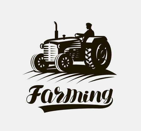 Farming, agriculture logo or label. American retro farm tractor icon. Vector illustrationのイラスト素材