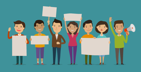 group of people or crowd cheers carrying signs. event, Fan club, demonstration concept. cartoon vectorのイラスト素材