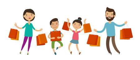 Happy family with packages or bags in their hands. Sale, shopping.のイラスト素材