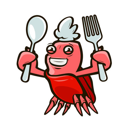 Cute crab holding a fork and a spoon.のイラスト素材
