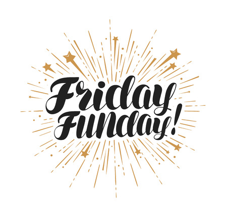 Friday funday, lettering. handwritten inscription typographic design, vector illustration isolated on white backgroundのイラスト素材