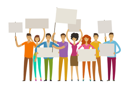 crowd of happy people with posters on the procession. parade, public activity conceptのイラスト素材