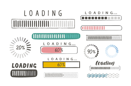 Progress loading bar, set of icons. load symbol. hand-drawn sketch vector isolated on white backgroundのイラスト素材