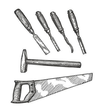 Carpentry tools sketch. Woodwork, joinery conceptのイラスト素材