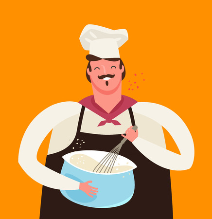 baker whips dough in kitchen. cooking vector illustrationのイラスト素材