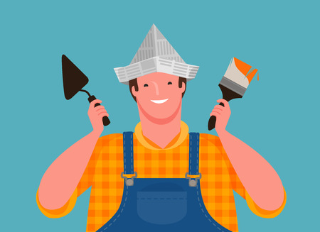 happy worker holding building tools. Finishing work, cartoon vectorのイラスト素材