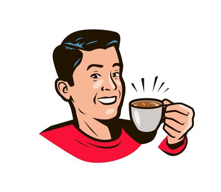 Happy man with cup of coffee in hand. Drink pop art style.のイラスト素材