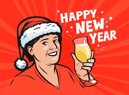 Woman with beer for Happy New Year greeting cardのイラスト素材