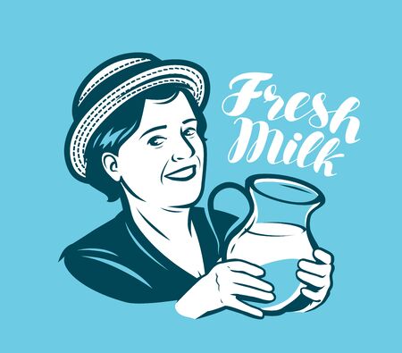 Beautiful woman with a jug of fresh milk. Dairy farm, retro vector illustrationのイラスト素材