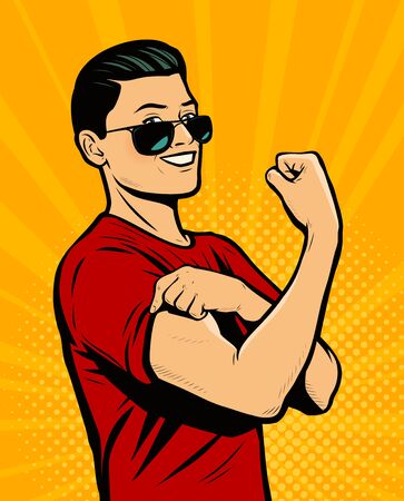 Strong man with fist shows strength. Retro comic pop artのイラスト素材