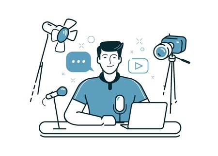 Blogging, live streaming. Video content for posting on social networks. Vector illustrationのイラスト素材