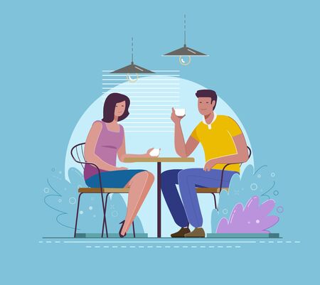 Date at the cafe. A young man and woman are drinking coffee. Vector illustrationのイラスト素材