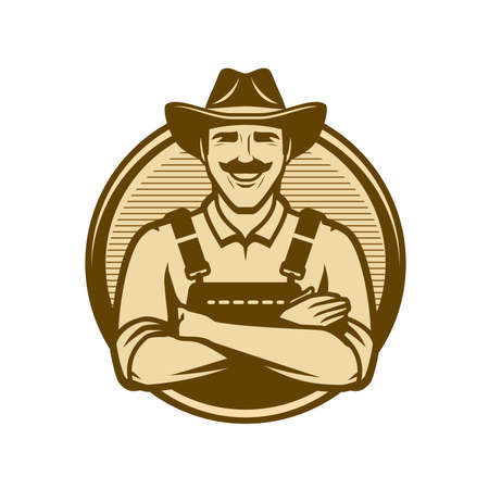 Farmer in hat vintage logo. Farm, food conceptのイラスト素材