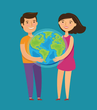 Environment protection, ecology concept. Children hold planet in their hands vector illustrationのイラスト素材