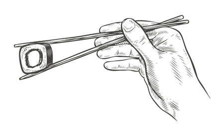 Sushi and chopsticks sketch. Asian food sketch vintage vectorのイラスト素材