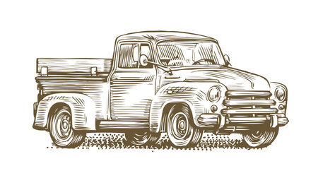 Farm truck sketch. Farming, retro car vintage vector illustrationのイラスト素材