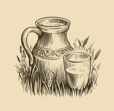 Jug of milk sketch. Dairy products vintage vector illustrationのイラスト素材
