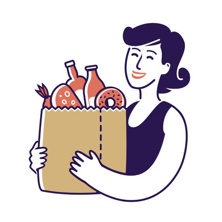 Sale of food. Girl holding paper bag with foodstuffsのイラスト素材