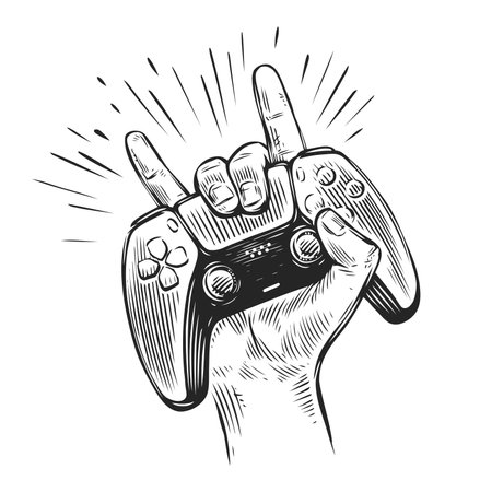 Game controller in hand. Video gamepad sketch vector illustrationのイラスト素材
