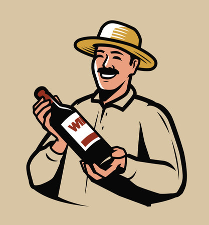 Wine production. Farmer with bottle in hands vector illustrationのイラスト素材