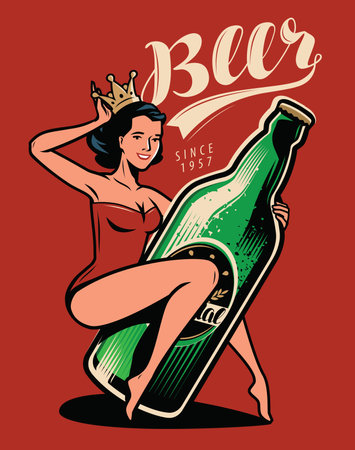 Beautiful girl with a bottle of beer drawn in pin-up style. Retro poster vectorのイラスト素材