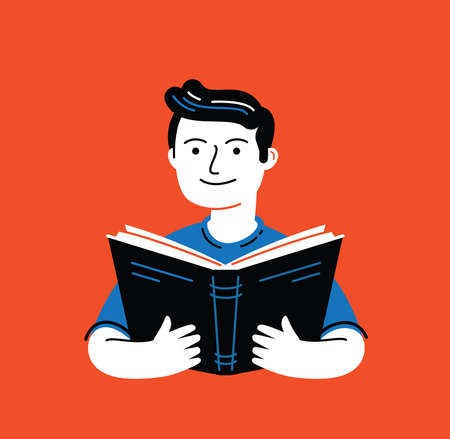 Man reading book in flat cartoon style. Education, school symbol vector illustrationのイラスト素材