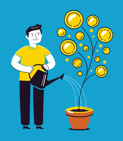 Businessman pours water from watering can on money tree. Money, business concept vector illustrationのイラスト素材