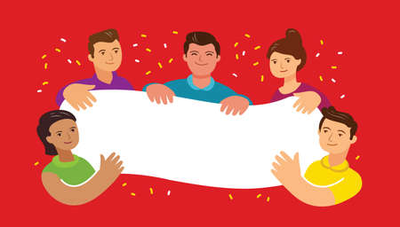 Group of young men and women together and holding blank banner. Flat cartoon vector illustrationのイラスト素材