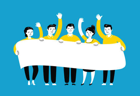 Group of business people holding big blank banner. Teamwork concept vectorのイラスト素材