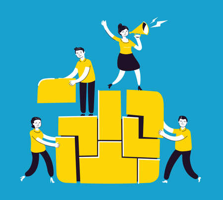 Business concept. People connecting puzzle. Teamwork, cooperation, partnership metaphor. Vector illustration flat design styleのイラスト素材