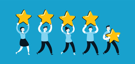 Group of people giving a five star rating. Feedback concept vector illustration flat styleのイラスト素材