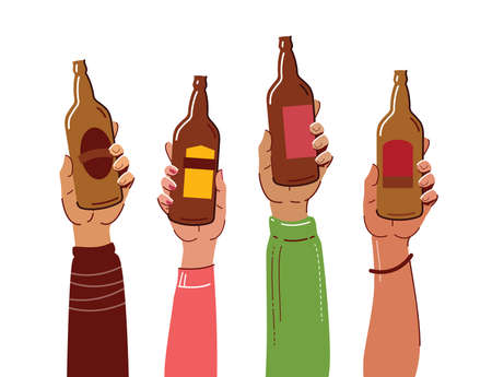 Bottles of beer in hand. Pub concept vector illustrationのイラスト素材
