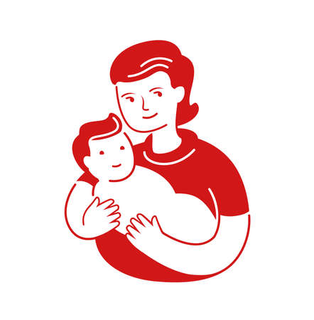 Mother loving hugs little baby. Mothers day, motherhood symbol or logoのイラスト素材