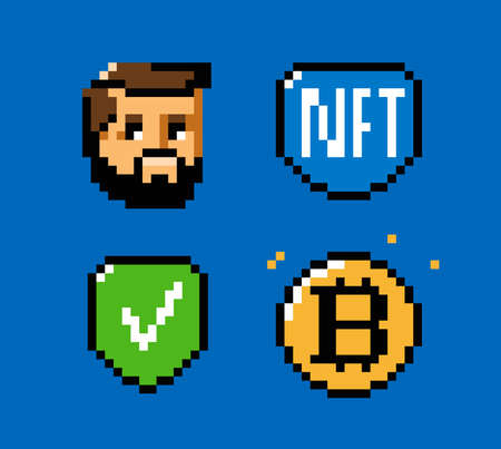 NFT, token, blockchain icon set. Digital currency pixel art vectorのイラスト素材
