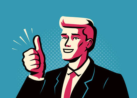 Successful businessman showing thumbs up. Business success concept. Vector illustration in pop art...