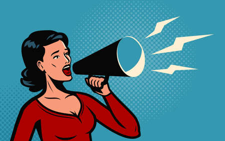Woman holding a loudspeaker shouts announcing.のイラスト素材