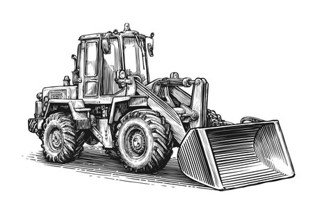 Construction machine sketch. Hand drawn tractor excavator vector illustration
