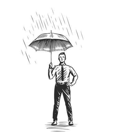 Businessman with umbrella standing under rain. Business protection concept vector illustrationのイラスト素材