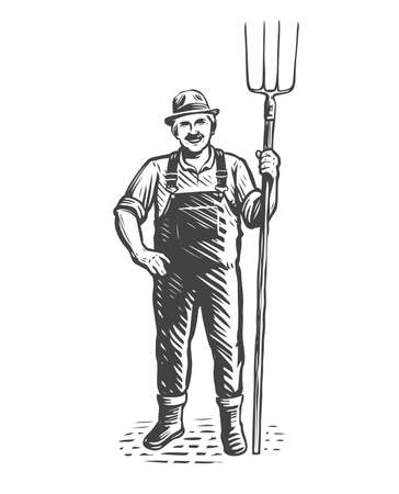 Farmer with pitchfork sketch. Farming, farming concept. Vintage vector illustrationのイラスト素材