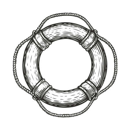 Lifebuoy in sketch style isolated on white background. Sailing trip vintage vector illustrationのイラスト素材