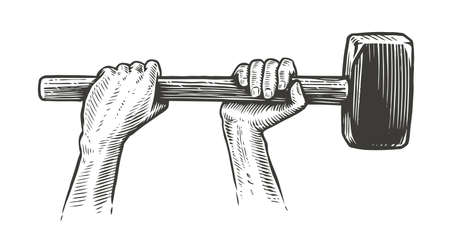 Arms raised up with sledge hammer tool. Work concept vector illustrationのイラスト素材